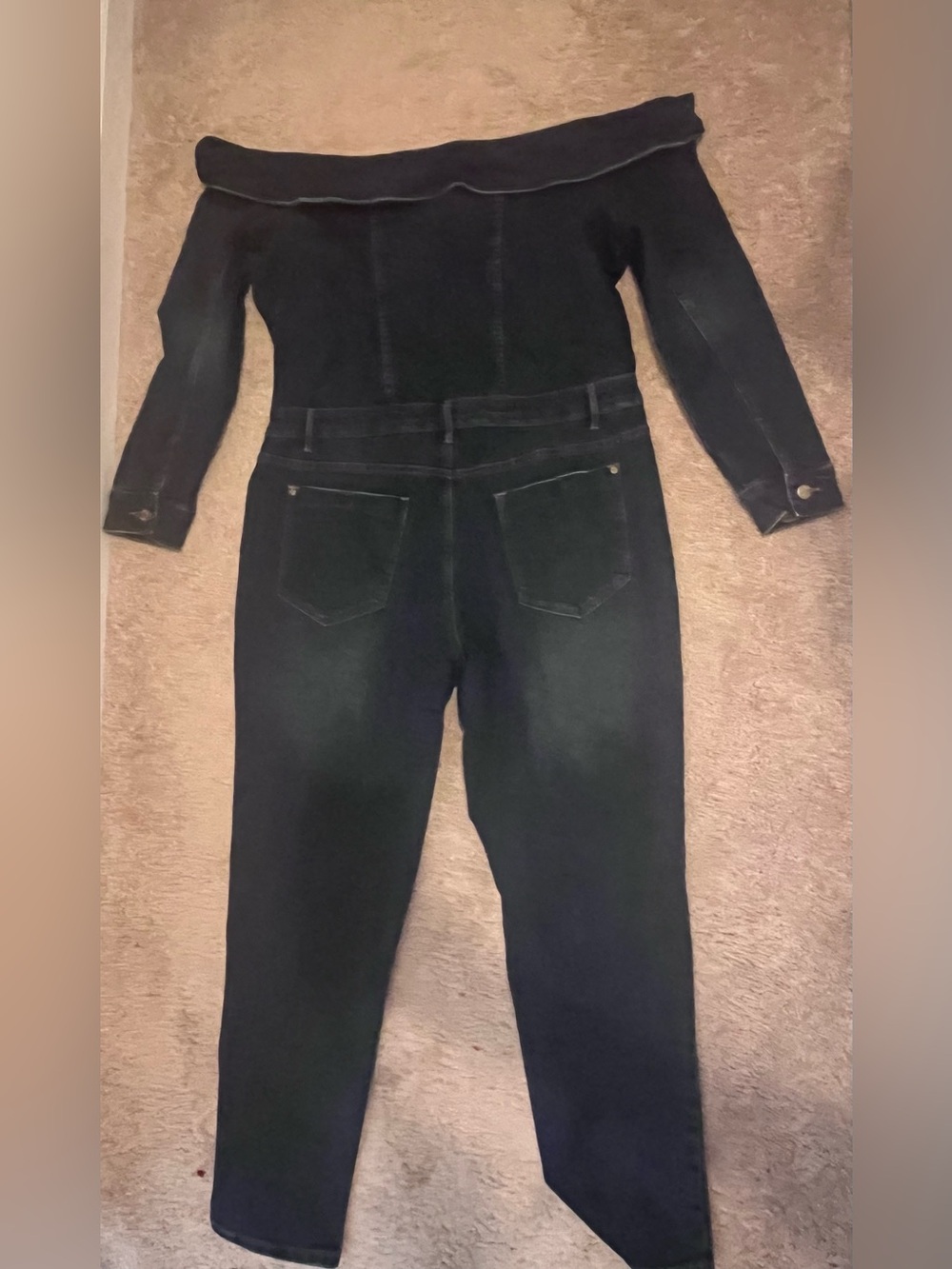 Dark Blue Off-Shoulder Denim Overalls Jumpsuit - Picture 4 of 12
